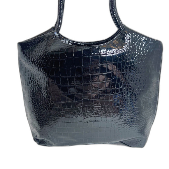 Neiman Marcus 90s Vintage Black Patent Leather Crocodile Shoulder Bag Purse - Picture 2 of 8